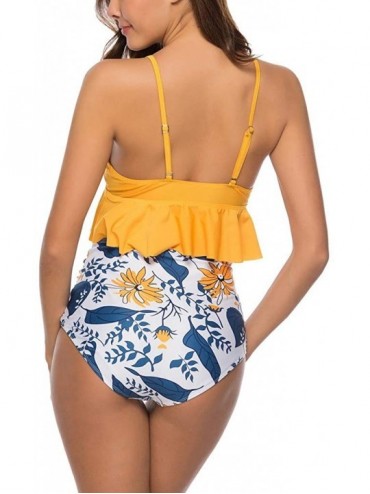 Racing Ruffle Swimsuits for Women High Waisted Two Piece Bathing Suits Off Shoulder Swimwear Ruffled Bikini Set - B-blue - CL...