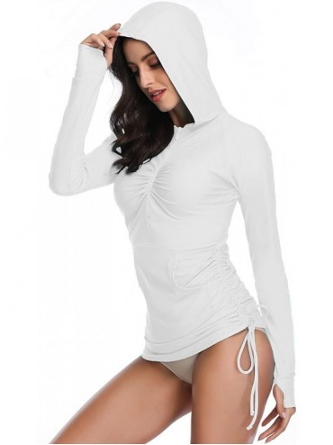 Rash Guards Women's UV Sun Protection Long Sleeve Rash Guard Bowknot Drape Zip Wetsuit Swimsuit Top with Pockets - White - CH...