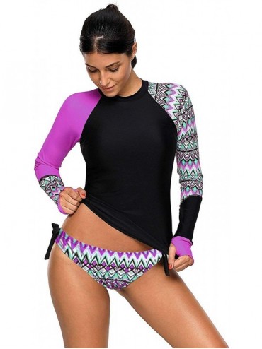 Rash Guards Womens Geometric Print Contrast Long Sleeve Sporty Surf Rash Guard Shirt Two Piece Tankini Swimsuit - Purple - CU...