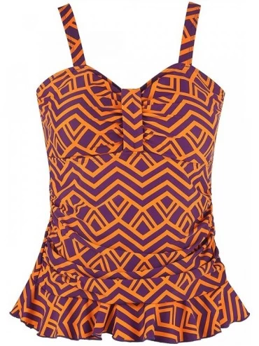 Tankinis Women's Plus Size Tankini Top Sexy Keyhole High Neck Floral Striped Print Bathing Suits Top - Purple&orange - CW18SN...