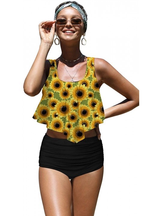 Sets Womens High Waisted Swimsuit Ruffled Top Tummy Control Bathing Suits - C-sunflower4 - CY1962Q7O69 $24.66