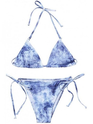 Sets Women's Sexy Tie-Dye Lace High Waist Bikini Set Tassel Trim Top Halter Straps Two Piece Swimsuit - Blue - C6190REMITQ $3...