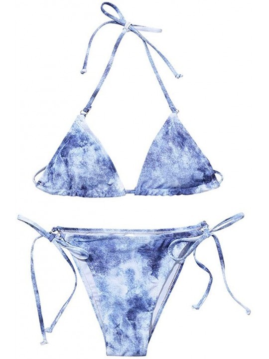 Sets Women's Sexy Tie-Dye Lace High Waist Bikini Set Tassel Trim Top Halter Straps Two Piece Swimsuit - Blue - C6190REMITQ $1...