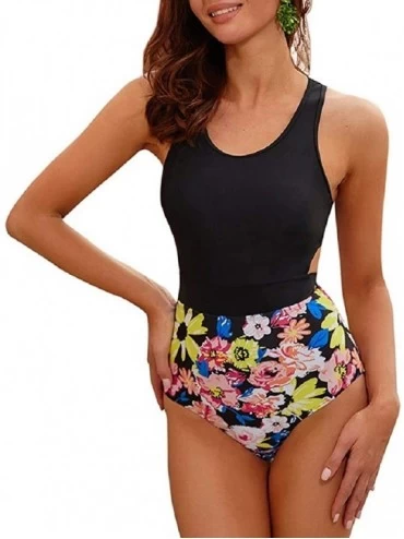 One-Pieces One Piece Swimsuits for Women High Waisted Bathing Suit Monokini Floral Print Cutout Racerback Zip Up - Black01 - ...