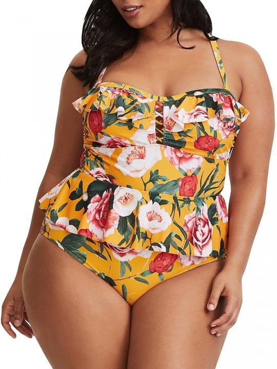 Tankinis Womens Plus Size Swimwear Two Piece Floral Peplum Tankini Swimsuits Halter High Waisted Bikini Bathing Suit Yellow -...