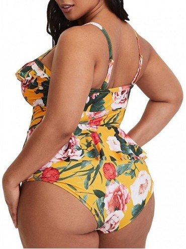 Tankinis Womens Plus Size Swimwear Two Piece Floral Peplum Tankini Swimsuits Halter High Waisted Bikini Bathing Suit Yellow -...
