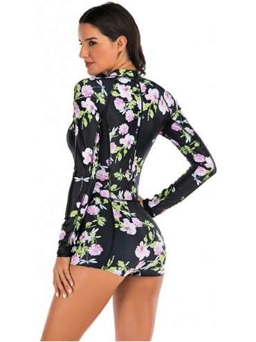 Racing Women Swimsuit UV Sun Protection Long Sleeve Rash Guard Wetsuit Swimsuit One Piece Floral Printed Swimwear Black - CE1...