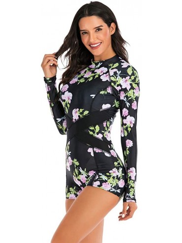 Racing Women Swimsuit UV Sun Protection Long Sleeve Rash Guard Wetsuit Swimsuit One Piece Floral Printed Swimwear Black - CE1...