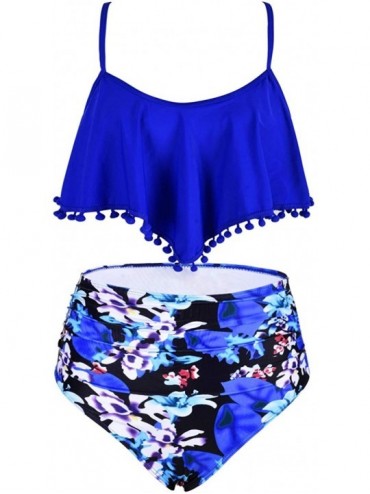 Sets Women's High Waist Bikini Crop Flounce Two Piece Swimsuits Flowy Bathing Suit - Blue With Flower - CR19CA7O7R6 $25.35