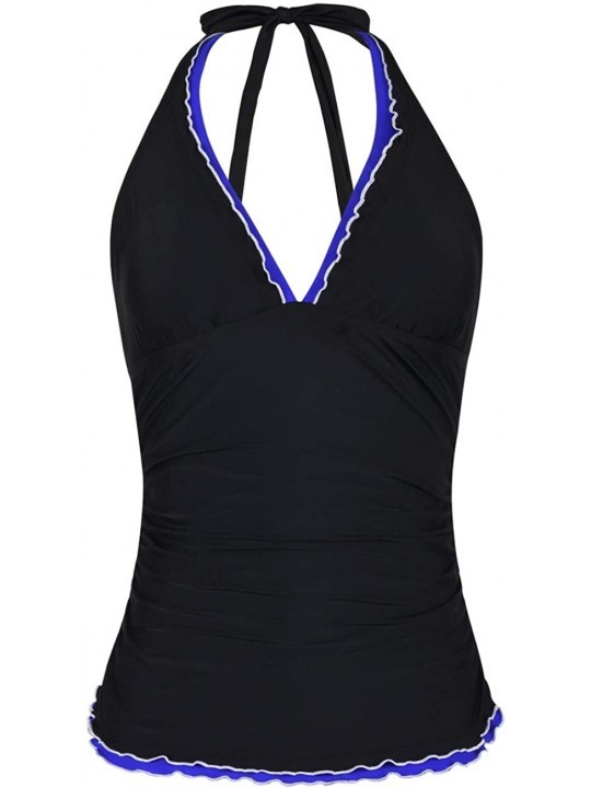 Tops Women's Tankini Swimsuits Top V Neck Halter Swimwear Ruffle Swim Top - Black - CZ18OQN78HG $26.05