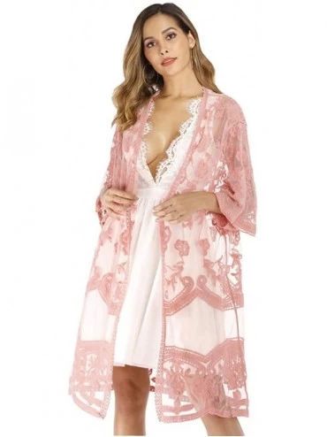 Cover-Ups Women's Lace Cardigan Floral Crochet Sheer Beach Bikini Cover Ups Long Open Kimono - Pink 2 - CF18W2NXGN6 $39.81