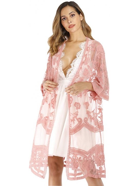 Cover-Ups Women's Lace Cardigan Floral Crochet Sheer Beach Bikini Cover Ups Long Open Kimono - Pink 2 - CF18W2NXGN6 $20.43