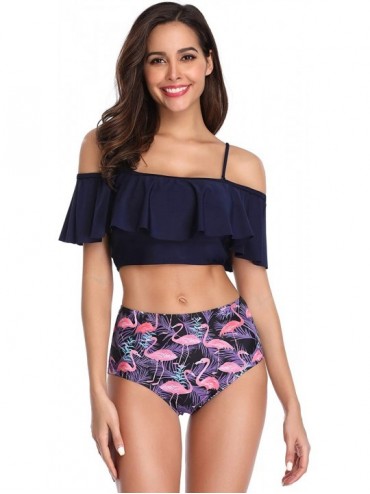 Sets Women Bikini Retro Flounce High Waisted Bathing Suit Halter Neck Two Piece Swimsuit - Purple-bird - CC18QIGT8CE $22.72