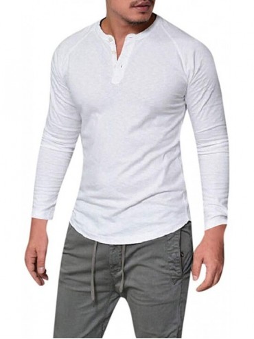 Rash Guards Men's Long-Sleeve Shirts Slim Casual Muscle Solid Male O-Neck Tops Button T-Shirts Pullover S-4XL - White - CZ18W...