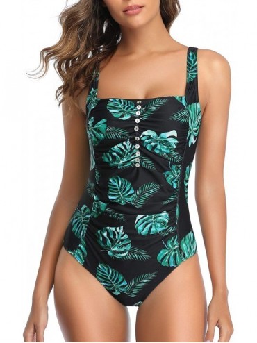 One-Pieces Women Tummy Control Swimsuit One Piece Bathing Suits Ruched Vintage Swimwear - Green Leaf - CK1939RL7T7 $29.48