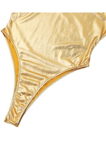 One-Pieces Woman Holographic Shiny Metallic Wet Look One-Piece Thong Rave Bodysuit Tank Swimsuit Bathing Suit - Gold - CO197E...