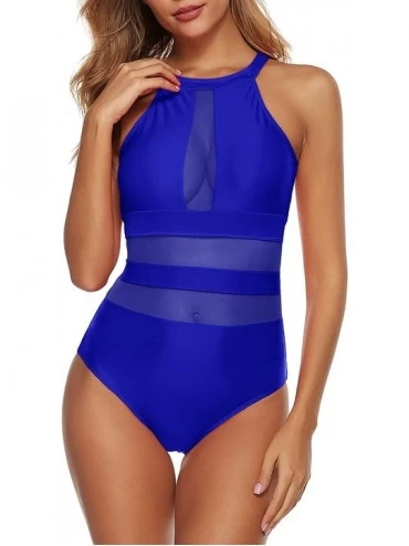 One-Pieces Women One Piece Swimsuit Mesh High Neck Bathing Suit Tummy Control Swimwear - Royal Blue - CR194RLO9ZH $44.03