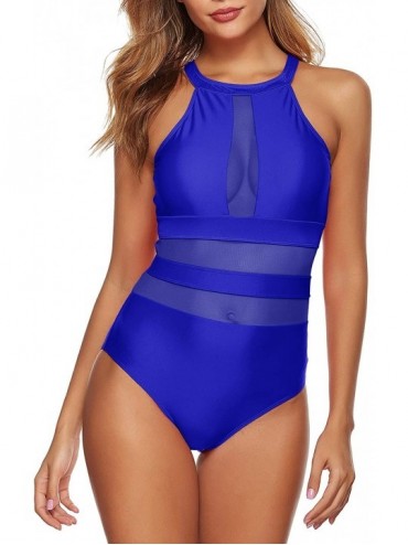 One-Pieces Women One Piece Swimsuit Mesh High Neck Bathing Suit Tummy Control Swimwear - Royal Blue - CR194RLO9ZH $27.74