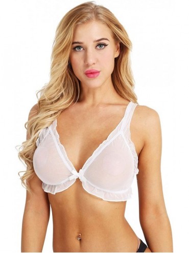 Tops Womens Sheer Mesh See Through Triangle Bralette Frilly Lace Bikini Wire-Free Unlined Bra Top - White - CA18UC94WMO $25.70