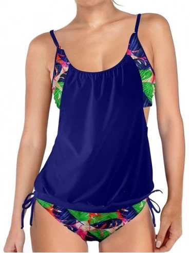 Tankinis Womens Lined Up Tankini Top with Panty Two Pieces Swimsuit Swimwear Set- XS-3XL - Navy Leaves - CW182KOLAOI $56.34