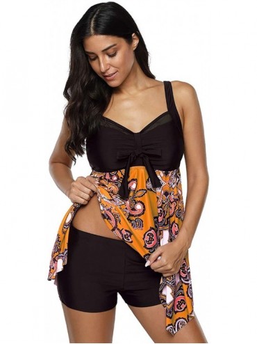 Sets Tankini Swimsuits for Women Pattern Printed Swimwear 2 Pieces Set Slim fit with Boyshorts Padded Bra Plus Size Orange - ...