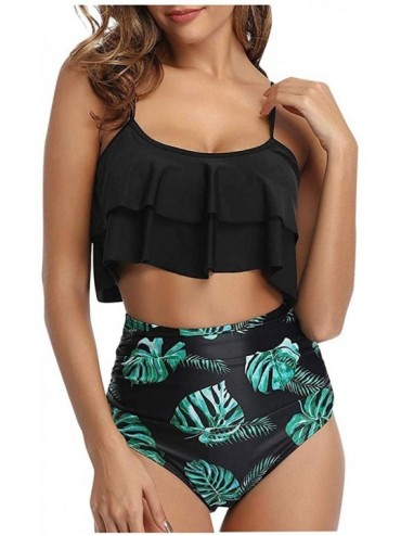 Tankinis Swimsuits for Women Two Piece Bathing Suits Ruffled Flounce Top with High Waisted Bottom Bikini Set - F-black - CC19...