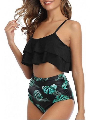 Tankinis Swimsuits for Women Two Piece Bathing Suits Ruffled Flounce Top with High Waisted Bottom Bikini Set - F-black - CC19...