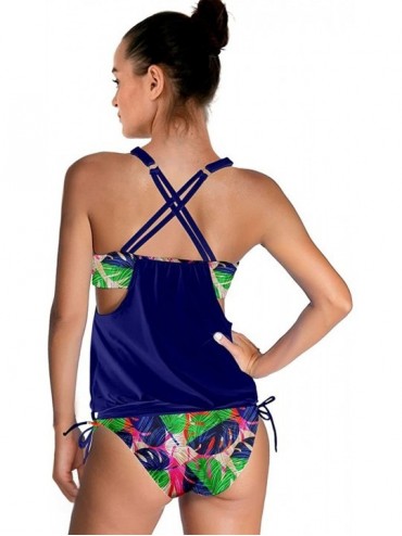 Tankinis Womens Lined Up Tankini Top with Panty Two Pieces Swimsuit Swimwear Set- XS-3XL - Navy Leaves - CW182KOLAOI $22.84