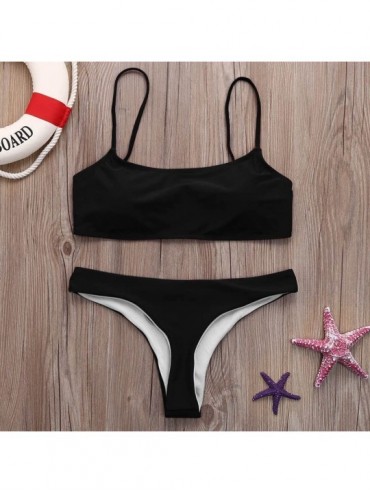 Sets Women's Summer Solid Bikini Set Push up Padded Swimsuit Swimwear Triangle Thong Suit Swimming Suit Biquini A black - C61...