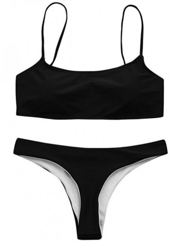 Sets Women's Summer Solid Bikini Set Push up Padded Swimsuit Swimwear Triangle Thong Suit Swimming Suit Biquini A black - C61...
