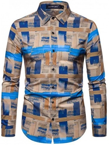 Rash Guards Blouse- Mens Ethnic Style Vintage Printing Slim Long Sleeve Dress Shirt Blouse Tops - Khaki - CG18X69M2X5 $17.77
