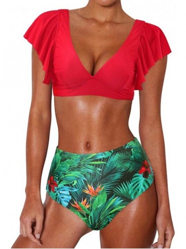 Sets Women Ruffle High Waisted Bikini Leopard V Neck Push Up Two Piece Swimsuits - Red - CX194GDNGQ0 $36.26