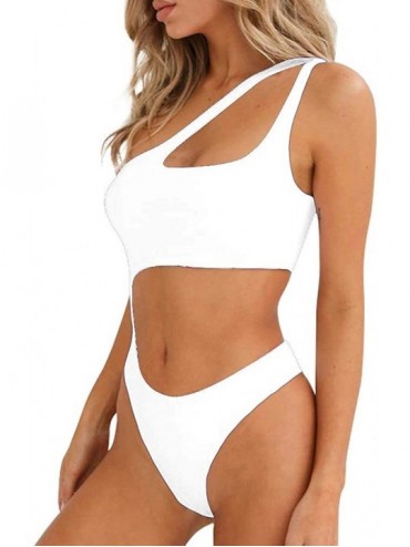 One-Pieces Women's Sexy One Shoulder Bathing Suit Cut Out One Piece Swimsuit - White - C918HI2Q23H $31.81