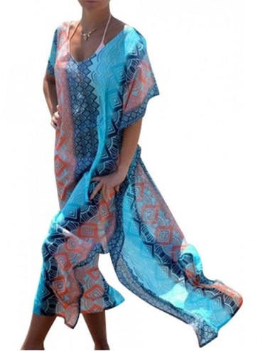 Cover-Ups Women Beach Chiffon Caftans Cover Ups Embroidered Loose Turkish Kaftans Robe Beachwear Long Dress Blue Pink Print -...