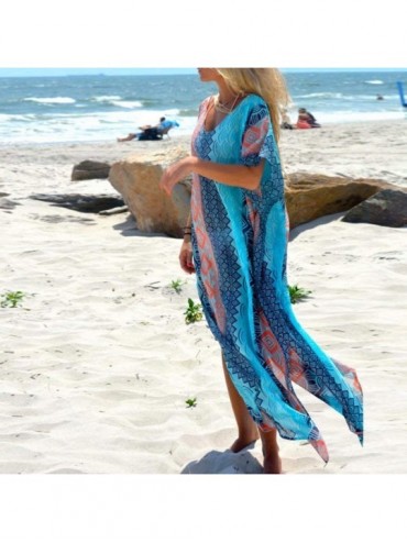 Cover-Ups Women Beach Chiffon Caftans Cover Ups Embroidered Loose Turkish Kaftans Robe Beachwear Long Dress Blue Pink Print -...