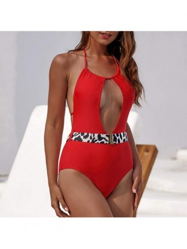 One-Pieces Women Sexy One Piece Swimsuit Bathing Suit Leopard Printed Patchwork Buckle Push-Up Pad Swimwear - Red3 - CM192ZRN...