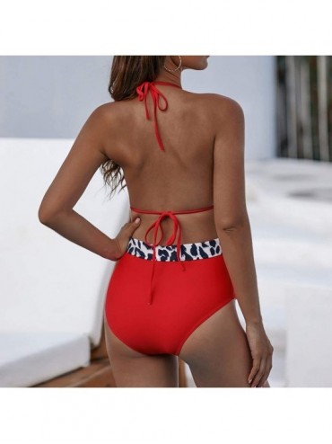 One-Pieces Women Sexy One Piece Swimsuit Bathing Suit Leopard Printed Patchwork Buckle Push-Up Pad Swimwear - Red3 - CM192ZRN...