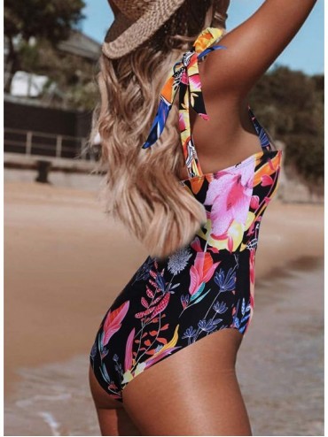 One-Pieces Women Casual Cross Strappy Tropical Floral Printed Knot Shoulder Sleeveless One Piece Bathing Suit - Blue - C41908...