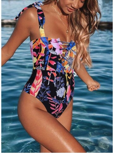 One-Pieces Women Casual Cross Strappy Tropical Floral Printed Knot Shoulder Sleeveless One Piece Bathing Suit - Blue - C41908...