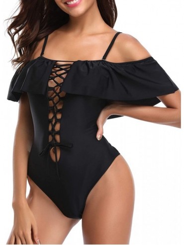 One-Pieces Women's Slimming Deep V-Neck Lace Up Front One Piece Swimming Bathing Suit Dress Swimwear Swimsuits - Black - C418...
