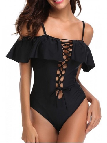 One-Pieces Women's Slimming Deep V-Neck Lace Up Front One Piece Swimming Bathing Suit Dress Swimwear Swimsuits - Black - C418...