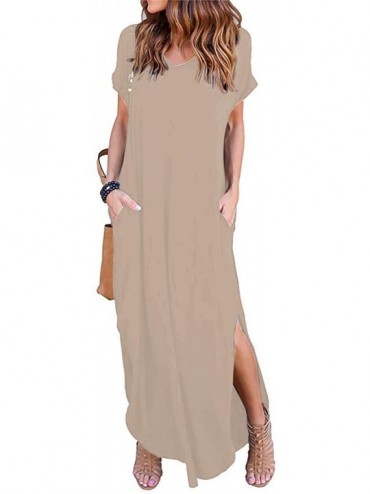 Cover-Ups Women's Short Sleeve V Neck Pocket Casual Side Split Beach Long Maxi Dress - Coffee - C318W78X074 $46.69