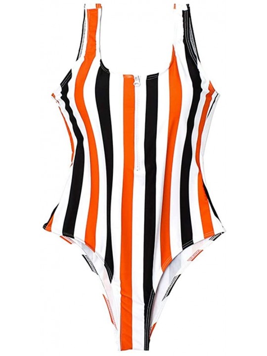 One-Pieces Women One Piece Rainbow Printing Front Zipper Padded Monokini Swimsuit - Orange - CC18OZELDKW $17.79