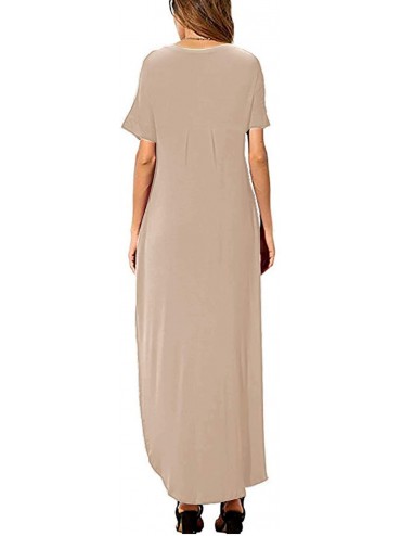 Cover-Ups Women's Short Sleeve V Neck Pocket Casual Side Split Beach Long Maxi Dress - Coffee - C318W78X074 $27.13
