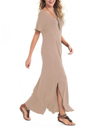 Cover-Ups Women's Short Sleeve V Neck Pocket Casual Side Split Beach Long Maxi Dress - Coffee - C318W78X074 $27.13