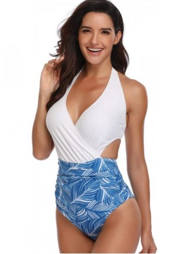 One-Pieces Womens One Piece V Neck High Waist Swimsuit Sexy Halter Plus Size Swimwear - White Orchid Print - CY18S5YWAH0 $17.99
