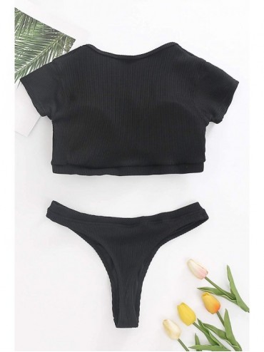 Sets Womens Bathing Suit V Neck Swimsuit T Shirt Swimwear Bikini Set Crop Top Brazilian Thong Bottom Black Bikini Set - CW192...