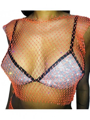 Cover-Ups Summer Women's Mesh Sheer See Through Sequins T-Shirt Tops Fishnet Hollow Out Bikini Cover Up Pullover - Orange - C...