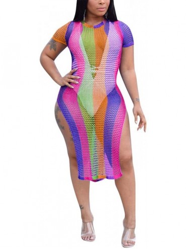 Cover-Ups Womens Sexy Colorful Mesh See Through Hollow Party Club Beach Dress Without Belt - 095-rose - CE18STTD9TQ $19.94