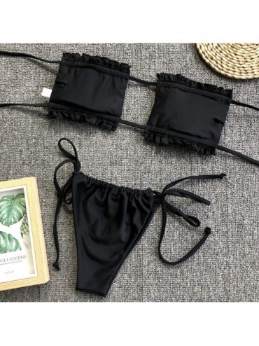 Racing Womens Ruffled Bikini Sets Swimwear Bathing Suit Tube Bra Tops Briefs Panty Thong Underwear - Black - CH199CKM8ID $9.22